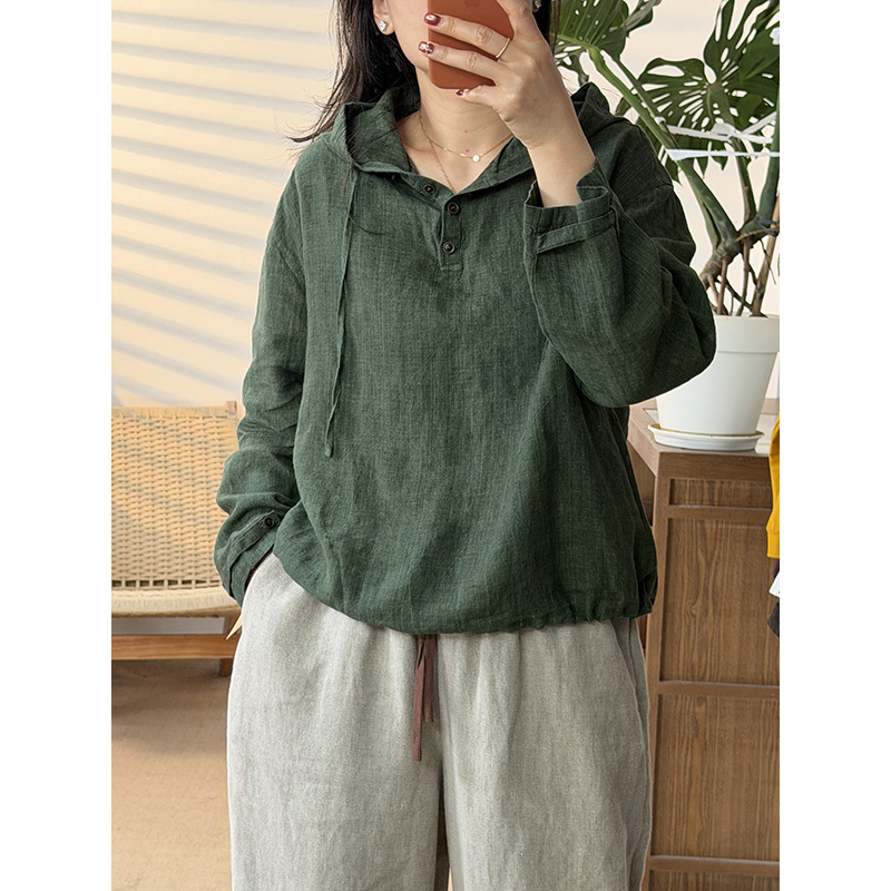 Popular Spring 100% Hemp Thin Hooded Casual Top for Women 403 Popular Spring 100% Hemp Thin Hooded Casual Top for Women 403