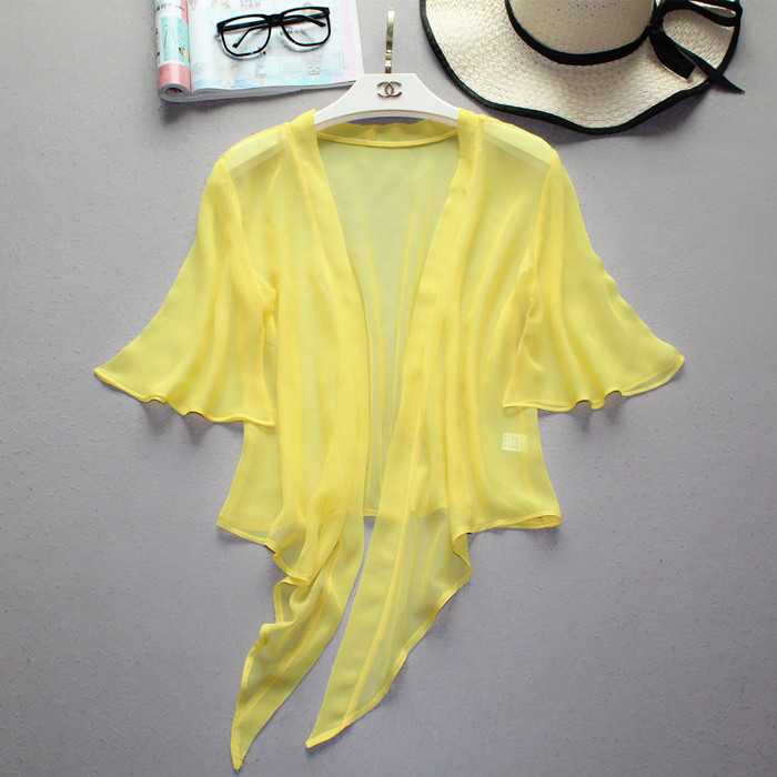 2018 mùa hè mới áo ngắn lụa cardigan áo sơ mi nữ lụa lụa ban nhạc rộng khăn choàng lỏng Hàn Quốc phiên bản của nhỏ vest áo khoác gió nữ cao cấp