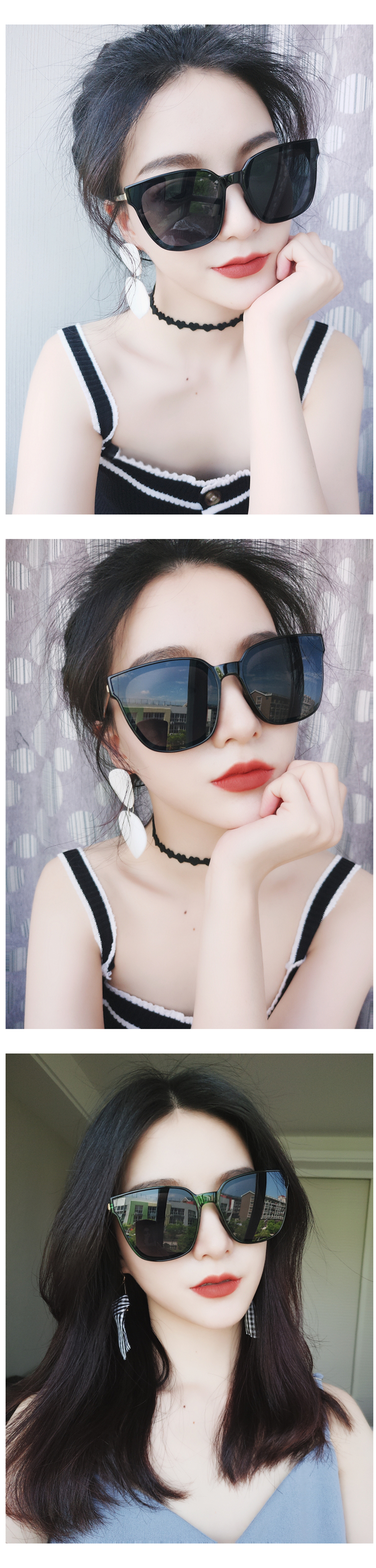 Hàn Quốc Lin Yuner với kính râm vuông màu xanh đậm ống kính phân cực kính râm nam và nữ mặt tròn thời trang kính râm mắt kính rayban