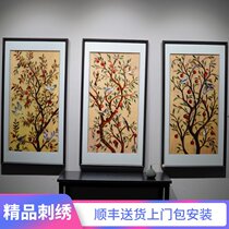 New Chinese style pure handmade Su embroidery embroidery painting triple hanging painting sofa background wall TV Wall living room decoration painting