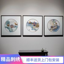 New Chinese light luxury style triple gold deer pure hand embroidery Su embroidery hanging painting sofa background wall living room decoration painting