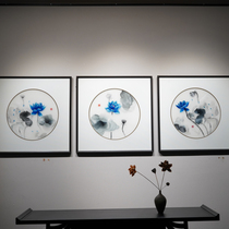 New Chinese Style Boutique Lotus Triple Pure Handmade Su Embroidered Sofa Background Wall Book Room Living-room Decoration Painting