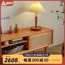 Rattan TV cabinet Nordic simple solid wood Cherry wood living room TV cabinet Antique style Japanese retro furniture