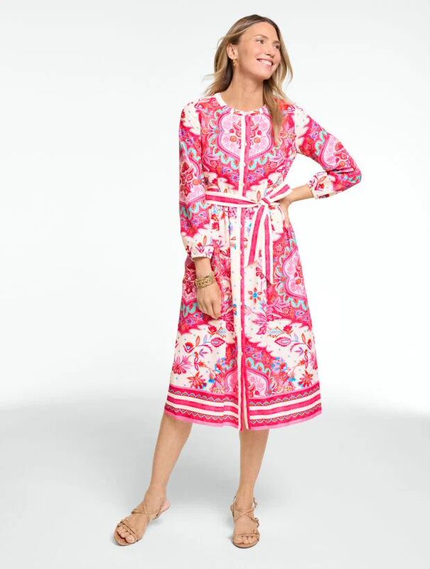 Talbots Dress May 55% Linen 45% Cotton Pink Large Floral with Pockets Direct Shipping 1275.7