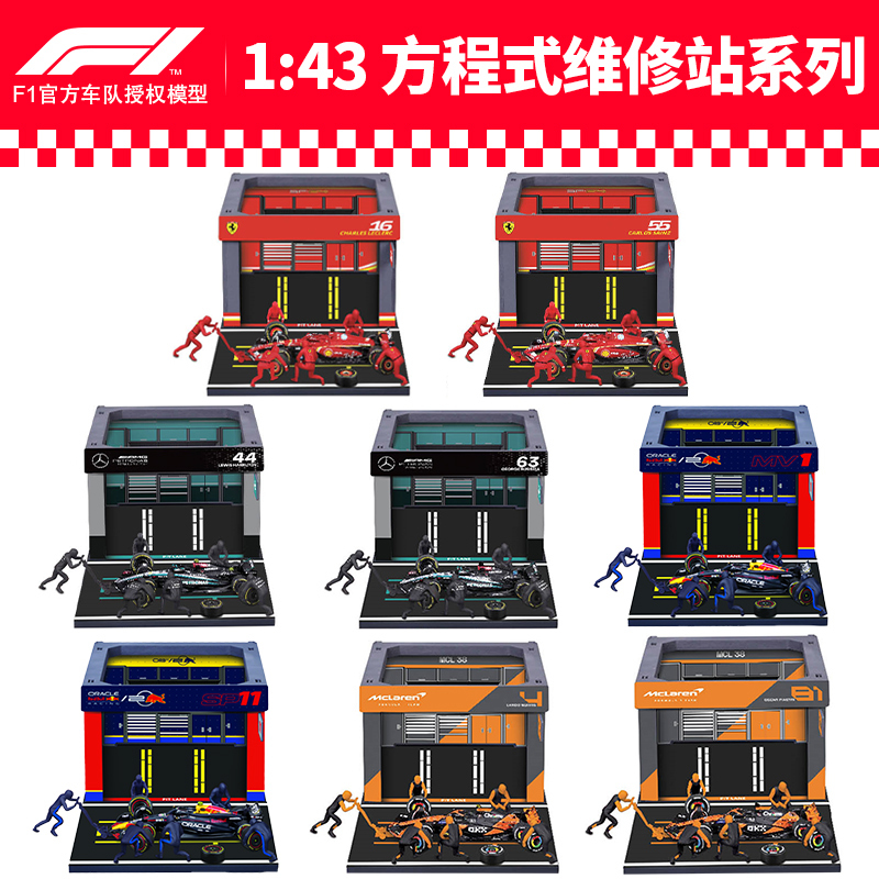 1:43 Scale F1 Formula Car Pit Stop Scene with Tire Changing in P Box, Featuring Ferrari, Red Bull, Mercedes, and Mclaren