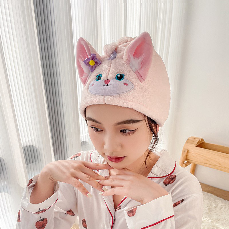 Women's Hair Drying Cap, Super Absorbent, Quick-Drying, Thickened, 2022 New Model, Internet Celebrity Cute Pink Little Fox Hair Towel