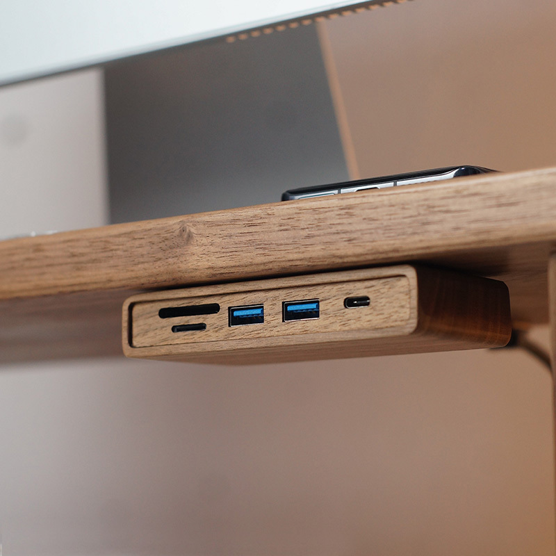 Solid Wood Black Walnut Computer Monitor Riser with Dedicated Under-Desk USB 3.0 Interface Splitter Docking Station Hub