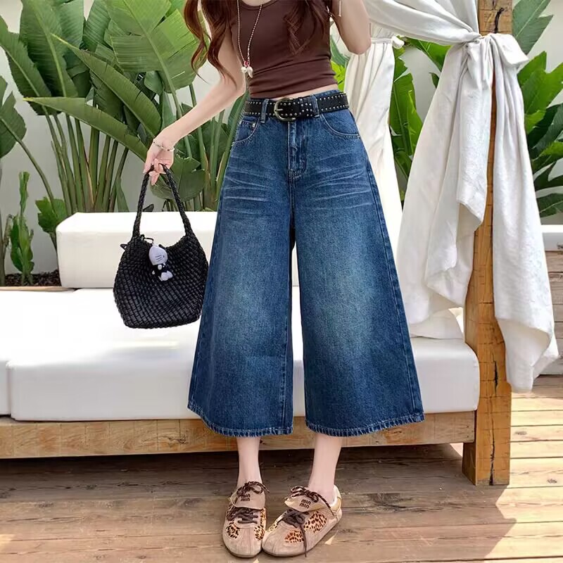 Plus-Size Vintage Blue Cropped Jeans for Women, Summer 2026, Loose High-Waisted Slimming Straight-Leg Wide-Leg Mid-Length Pants for Curvy Women