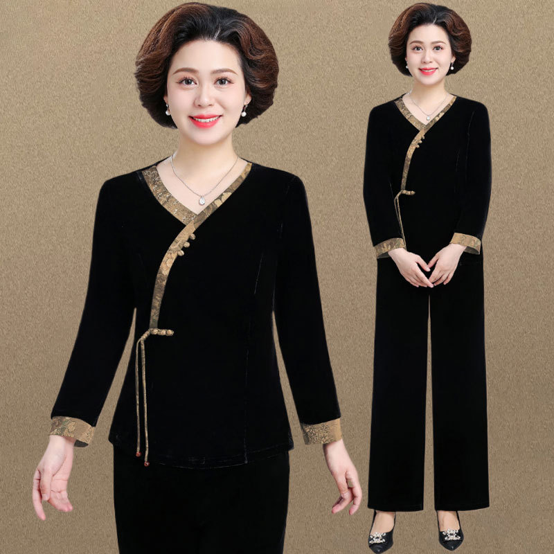 Middle-Aged and Elderly Mothers' New Autumn Velvet Sportswear Casual Suit for Women, Grandma's New Chinese-Style Two-Piece Set