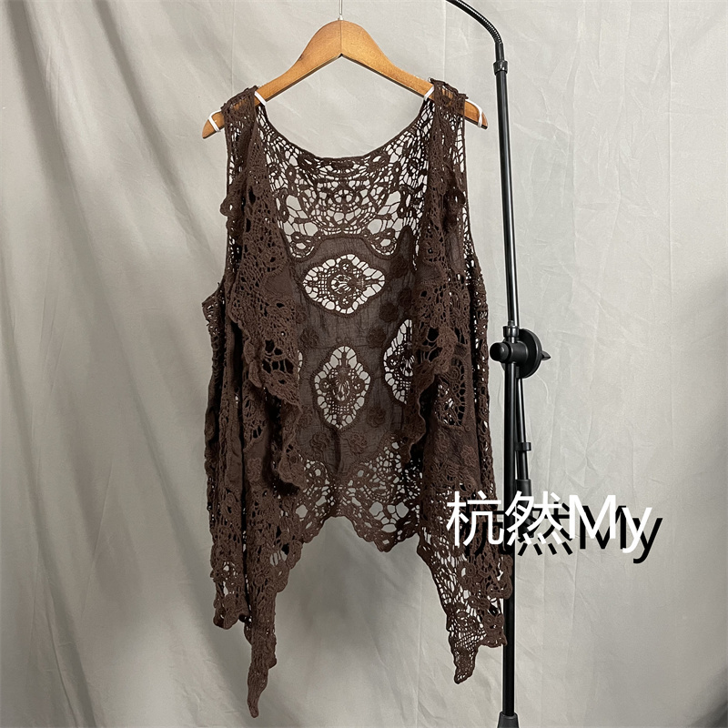 40-90kg Retro Knitted Vest for Women, Summer Mid-Length Irregular Hollow Out Cardigan Top