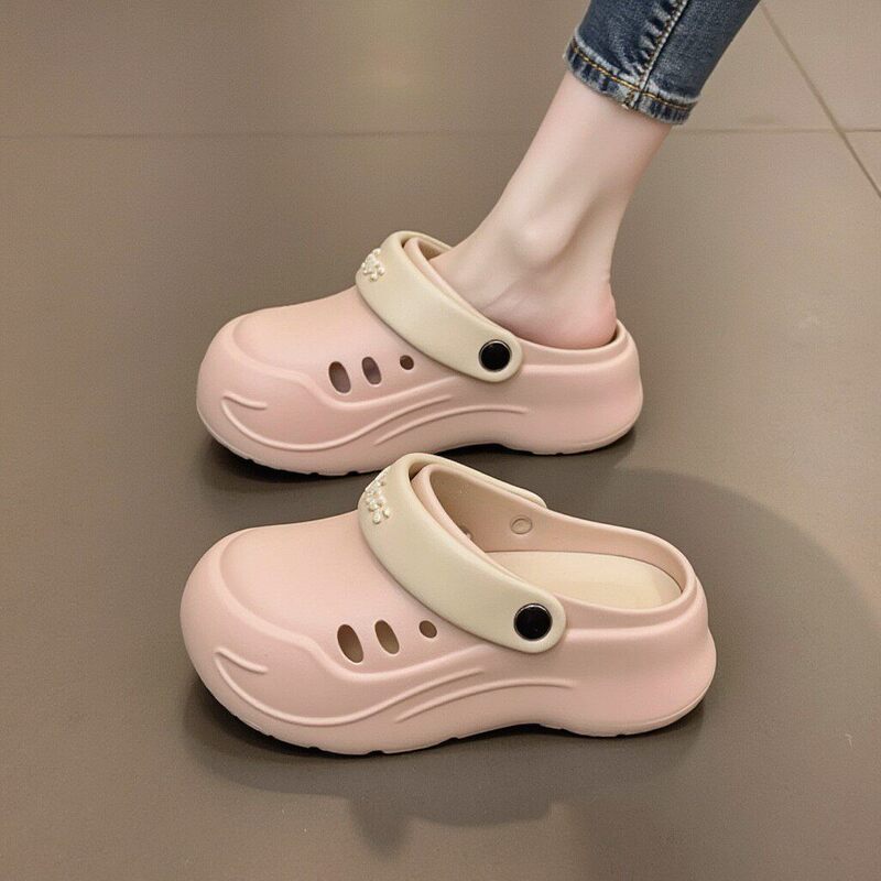 British Genuine Leather Thick-Soled Pink Closed-Toe Half-Slippers for Women, Outdoor Wear, Autumn 2026 New Style, Height-Increasing Slip-On Clogs