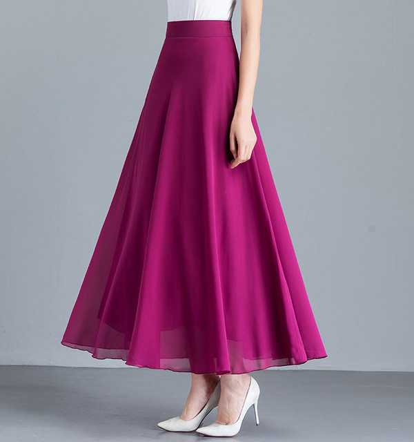 2023 summer new solid color red chiffon skirt women's high waist A word big swing dance skirt plus size long skirt