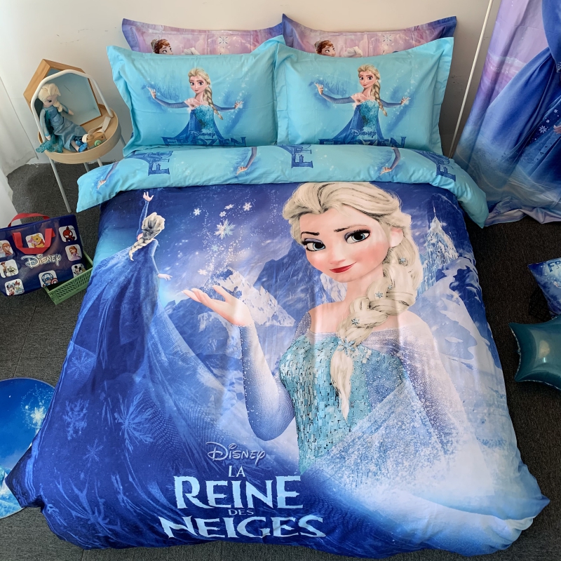 Total Cotton Cartoon Four Sets Children Pure Cotton Quilt Cover Bed Linen Elsa Ana Girl Blue Princess Pink Snowy edge