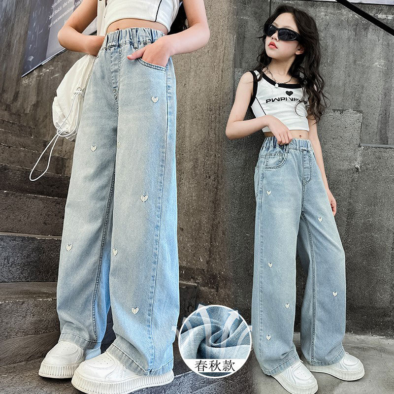 Korean Girls' Spring Pants, Children's Spring Long Pants, Stylish Big Kids' Jeans, Spring and Autumn Girls' Straight Wide-Leg Pants