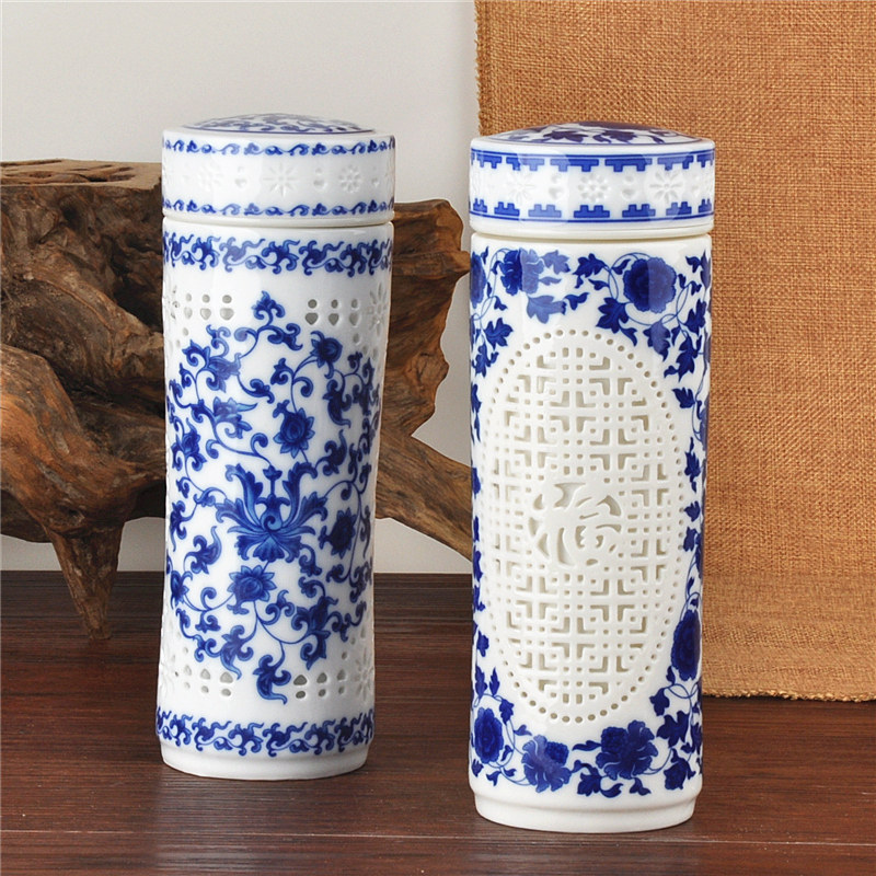 Ceramic Double Layer Straight Body Cup Green Flower Porcelain Ware Water Glass Hollowed-out Fu Cup With Lid Accompanying Cup Office Cup