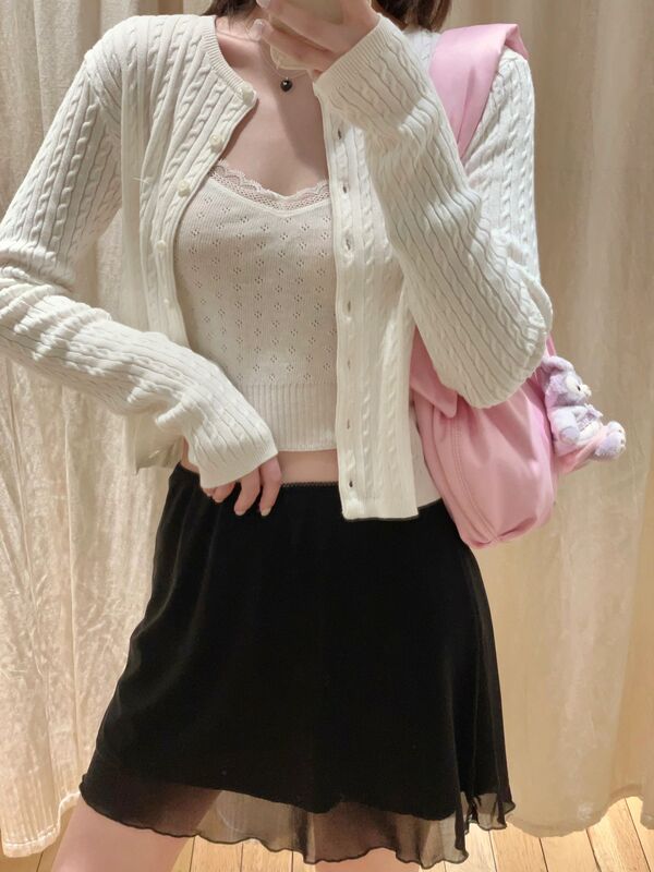 Brandy Bm Retro White Short Button-Down Cable Knit Cardigan Sweater Coat Pure Cotton Slimming Top for Women Brandy Bm Retro White Short Button-Down Cable Knit Cardigan Sweater Coat Pure Cotton Slimming Top for Women
