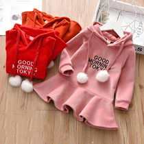  Winter dress gold velvet 2019 winter new hooded princess skirt girls plus pompon ball Western style sweater skirt