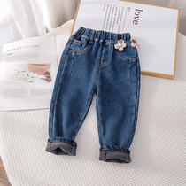 Female baby overalls flower trousers baby Haren pants autumn and winter girls padded velvet jeans