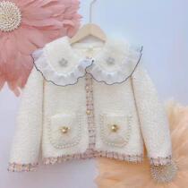 2021 Winter girls coat Lamb hair long sleeve coat small fragrant wind cardigan wool Pearl round neck plus velvet clothes