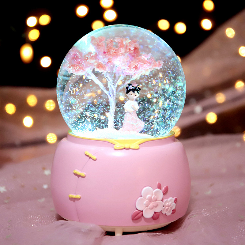 Fantasy Cherry Blossom Crystal Ball Music Box Snowflake Angel Dancing Girl Rotating Music Box Night Light Girls Birthday Gift