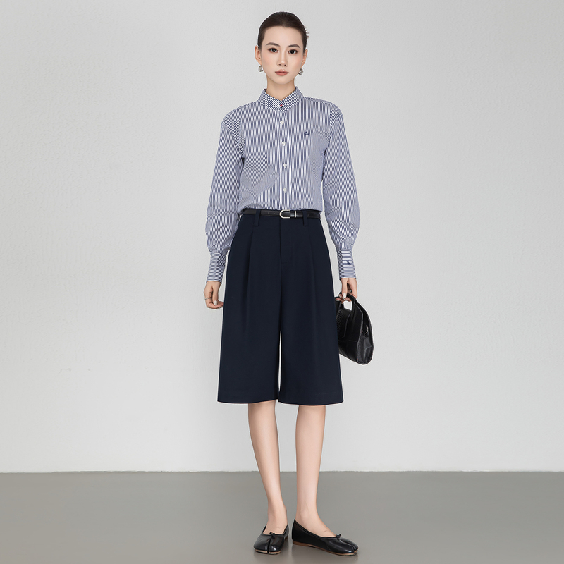 Manila Bermuda Mid-Length Pants for Women, Tencel Wool Suit Pants, 2026 Autumn New Style, Navy Blue Wide-Leg Pants