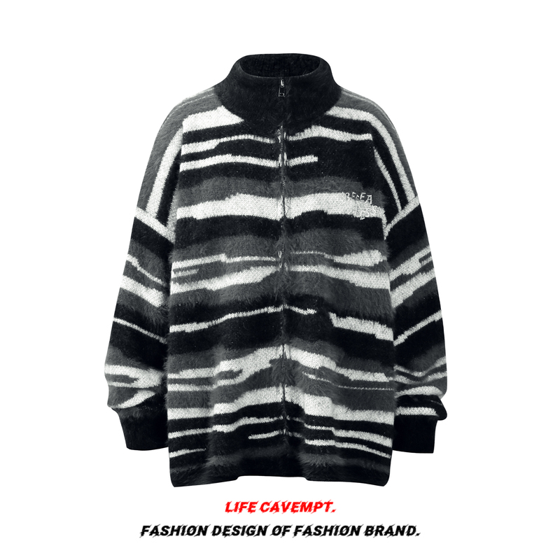 American-Style Trendy Camouflage Mohair Cardigan Sweater Jacket for Men and Women, Autumn and Winter Retro Lazy Style Zipper Knitwear