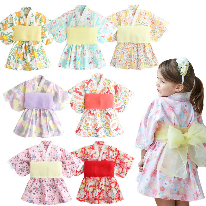 Augelute Girls' Kimono Dress, Japanese-Style Yukata Dress for Older Girls and Toddlers, Dress Set