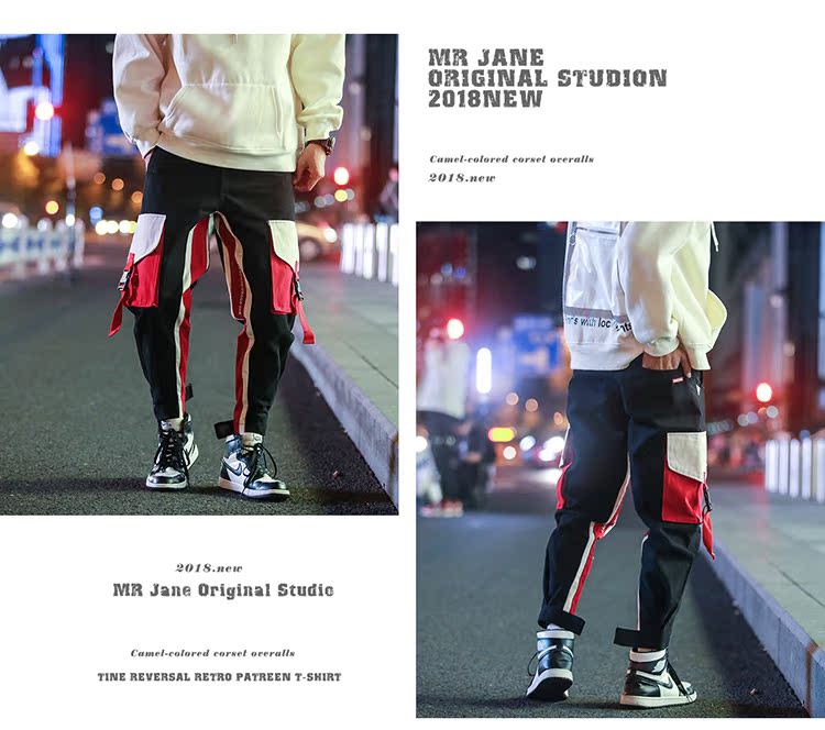 Ins Guo Chao overalls nam thương hiệu lỏng hip hop ruy băng chức năng nối chic chic chân quần nam mùa thu và mùa đông quần nam ống rộng
