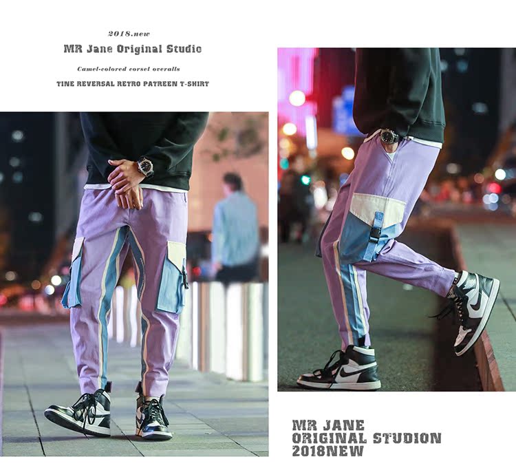 Ins Guo Chao overalls nam thương hiệu lỏng hip hop ruy băng chức năng nối chic chic chân quần nam mùa thu và mùa đông quần nam ống rộng