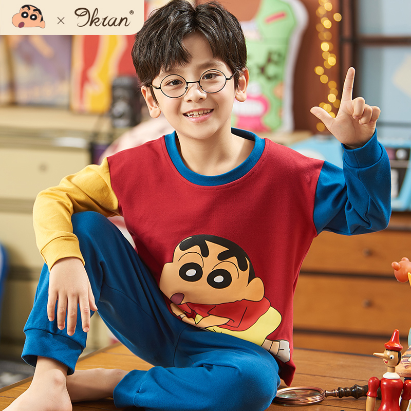 Crayon Small New Boy Sleepwear Spring Autumn Season Long Sleeve Pure Cotton Large Boy Children Great Boy Full Cotton Home Suit Suit