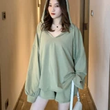 Летняя одежда для беременных с капюшоном, футболка, штаны, спортивный костюм, комплект, V-образный вырез, защита от солнца, в западном стиле