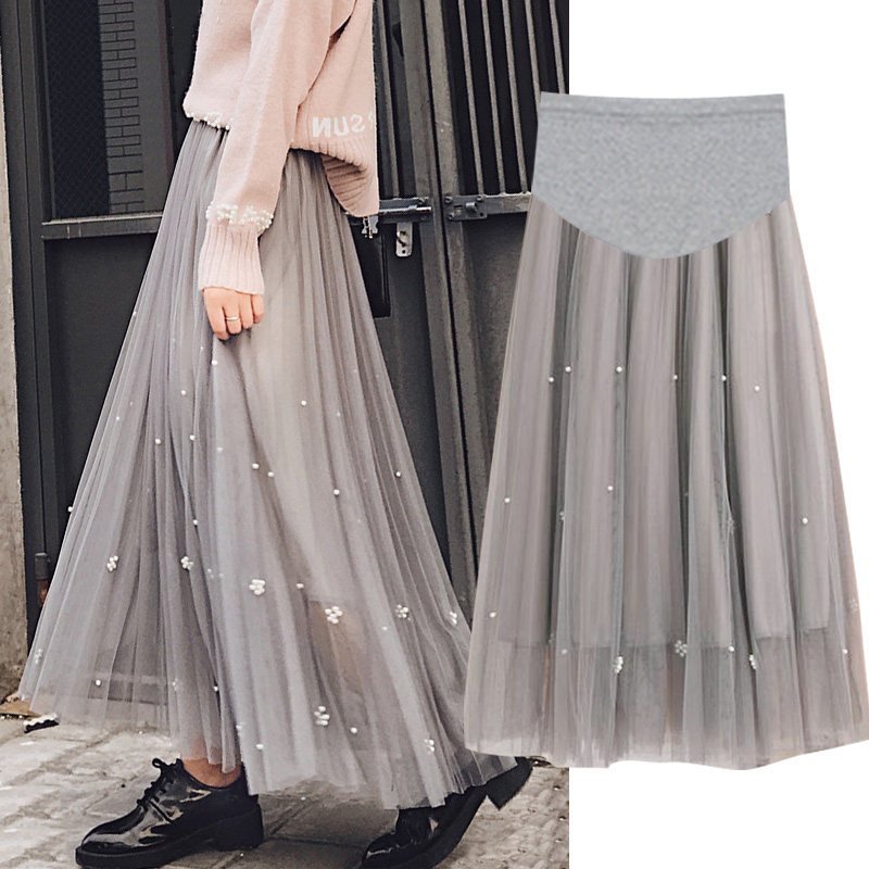 Gestational Woman Dress 2022 Springtime Ultra-Fire Web Yarn Child Care Half Body Dress Medium Long Version Plexu Skirt Spring Autumn Fairy Nail Pearl Long Dress