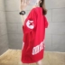 Bộ đồ bà bầu 2020 net suit đỏ áo phông rộng giữa + quần cạp trễ nâng bụng mùa hè xu hướng hai mảnh phong cách phương tây mới - Áo thai sản