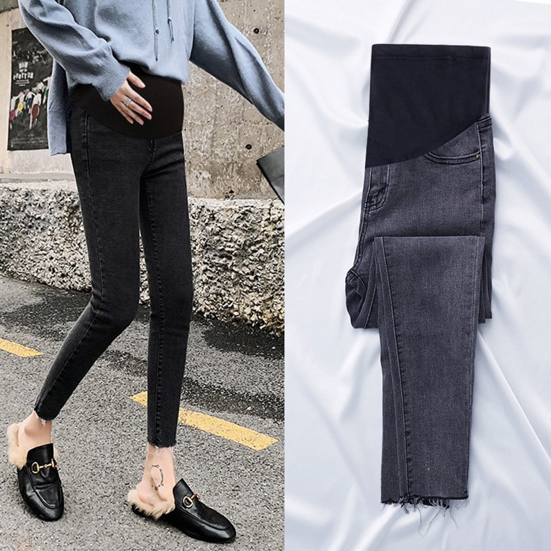 Pregnant Woman Cigarettes Grey Jeans 2021 New Autumn-Fit Pants High Waist Pencil Pants 90% Small Feet Tide Moms Pants