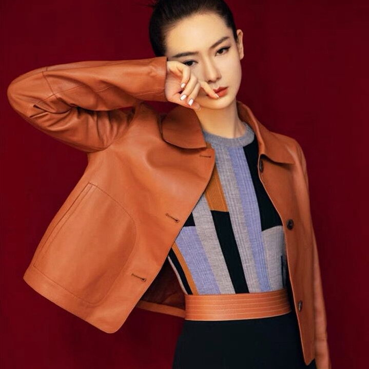 Qi Wei Celebrity Style Pu Leather Jacket for Women, New Autumn and Winter Short Coat, Korean Style Ginger Yellow Casual Jacket, Motorcycle Orange