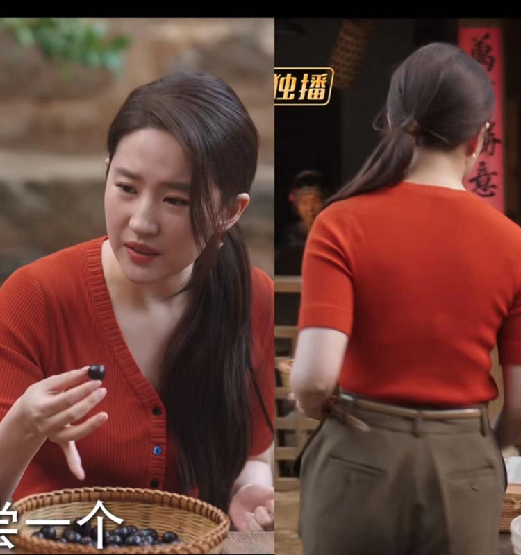 Celebrity Liu Yifei and Xu Hongdou's Same Style Red V-Neck Knit Short-Sleeve Cardigan Summer Women's Trendy Top