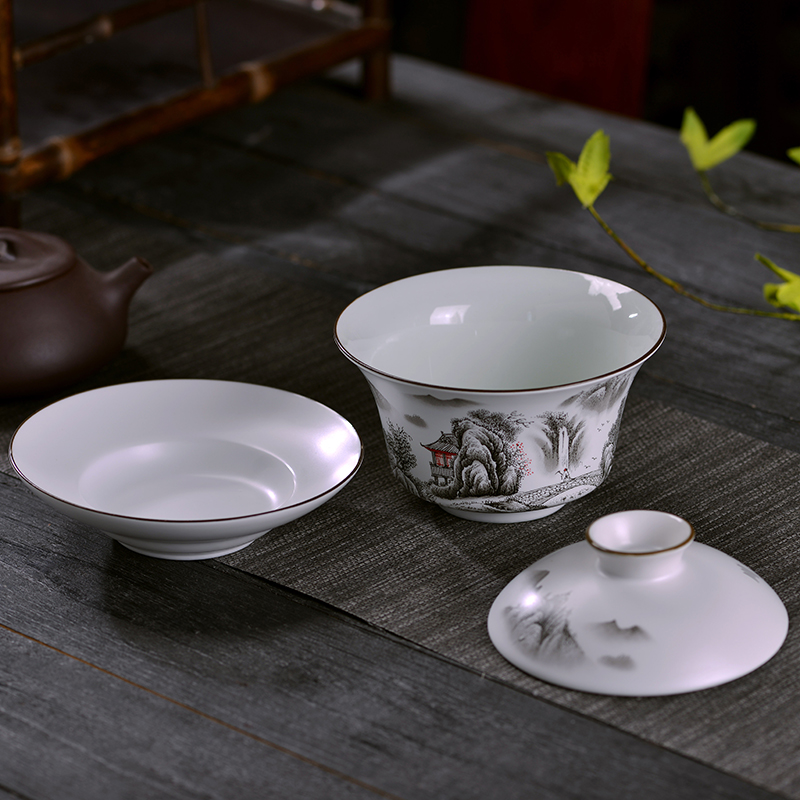 Jingdezhen ceramic tureen large bowl cover cup 300 ml kung fu bowl three bowl of tea to use hand grasp pot