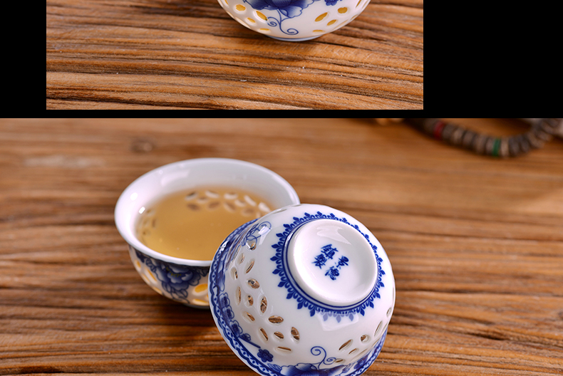 Blue and white porcelain tea set exquisite household jingdezhen ceramic kung fu tea cups honeycomb hollow out GaiWanCha plate