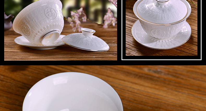 Tureen tea bowl large tea sets jingdezhen ceramic thin foetus three pure white porcelain tea bowl to use hand grasp pot