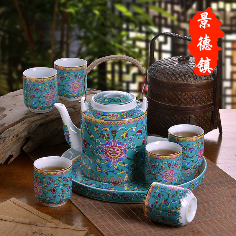 Jingdezhen ceramic tea set suit household enamel see colour of a complete set of the sitting room girder pot of tea tea tray was large teapot