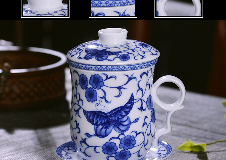 Jingdezhen ceramic cups with cover filter glass of blue and white porcelain enamel office cup household gift keller cup