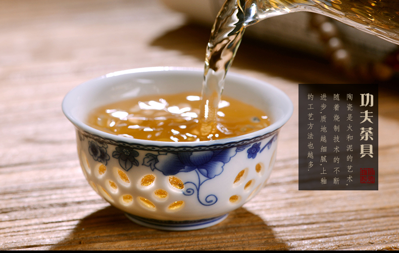 Blue and white porcelain tea set exquisite kung fu tea tea tray of a complete set of jingdezhen ceramics hollow - out tureen household gifts