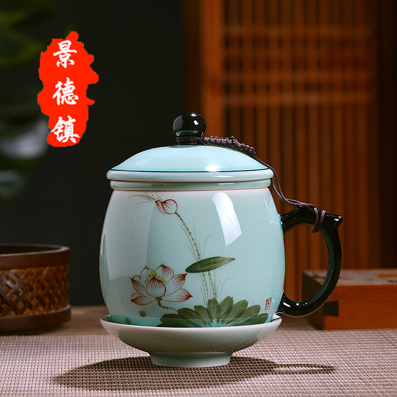 Jingdezhen ceramic cup with cover filtration separation office tea cups tea cup household glass tea cup