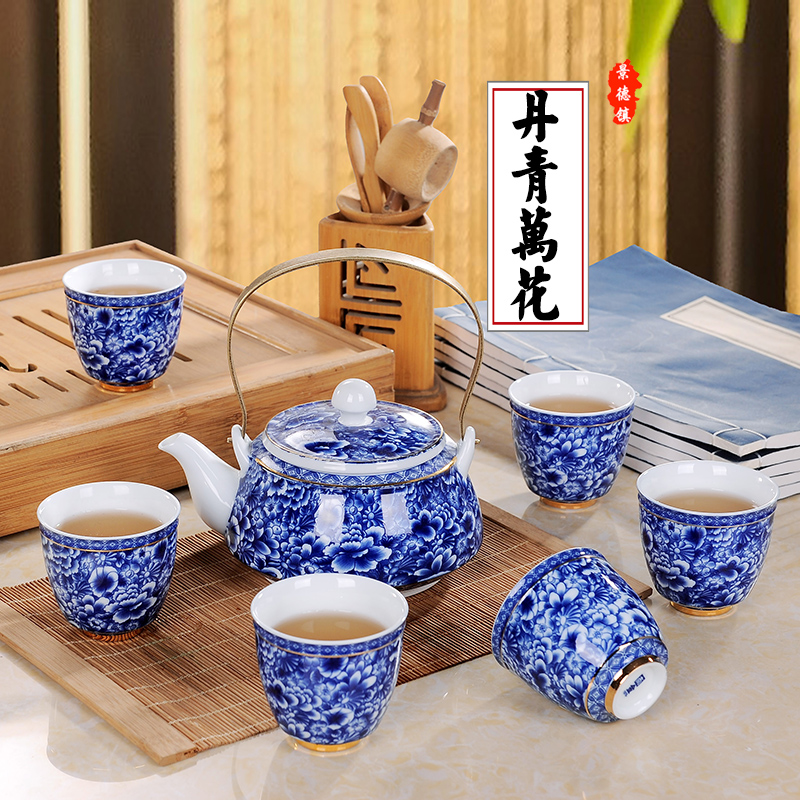 Large ceramic teapot teacup set of jingdezhen blue and white porcelain girder pot a pot of six cups of a complete set of kung fu tea set