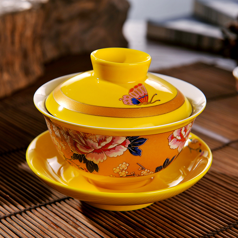 Jingdezhen kung fu tea set manual ceramic yellow glaze of a complete set of tea service master cup for wash the teapot tea tureen