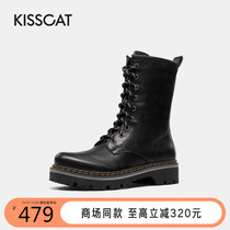 Kissing cat winter new leather casual round head fashion motorcycle thick bottom middle heel layer cowhide high bang Martin boots