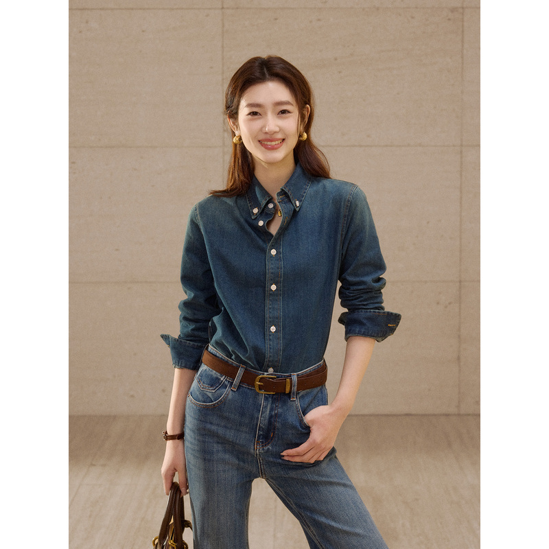 Retro Blue Denim Shirt for Women, Autumn 2026 New Style, Casual and Versatile Top for Commuting