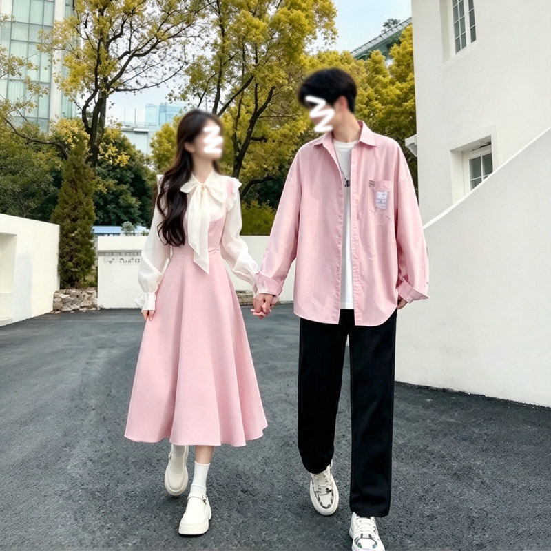 Qlz Gentle Style Couple Outfit Spring Fashion Sweet Dress French Style Student Shirt Men's One-Piece Dress and Skirt Set