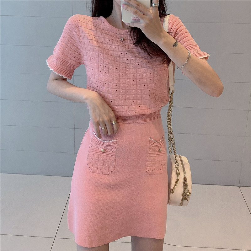 VK旗艦店 韓系復古名媛針織鏤空套裝短袖裙裝