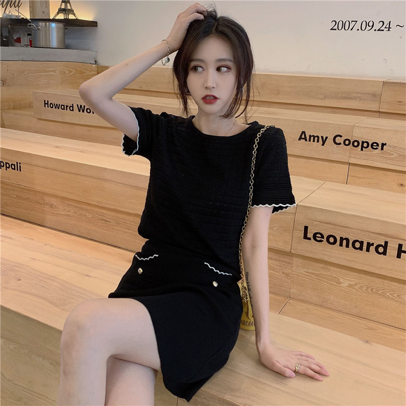 VK旗艦店 韓系復古名媛針織鏤空套裝短袖裙裝